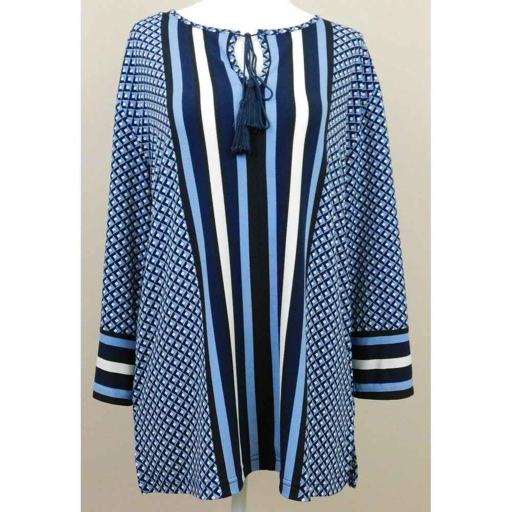 Jones New‎ York Women's Blue White Geometric Stripe Tassel Tunic Top Size M